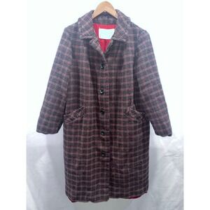 REAR Pendleton Vintage 100% Virgin Wool Plaid Pea Coat Lg Red Grey Long Button